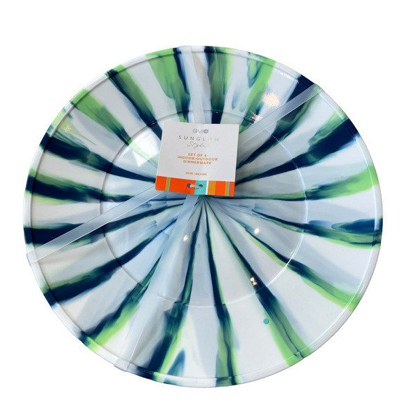 Sunglow Style Ink Stripe Melamine Dinner Plates 11" Blue Green White Set of 4 - Picture 5 of 8